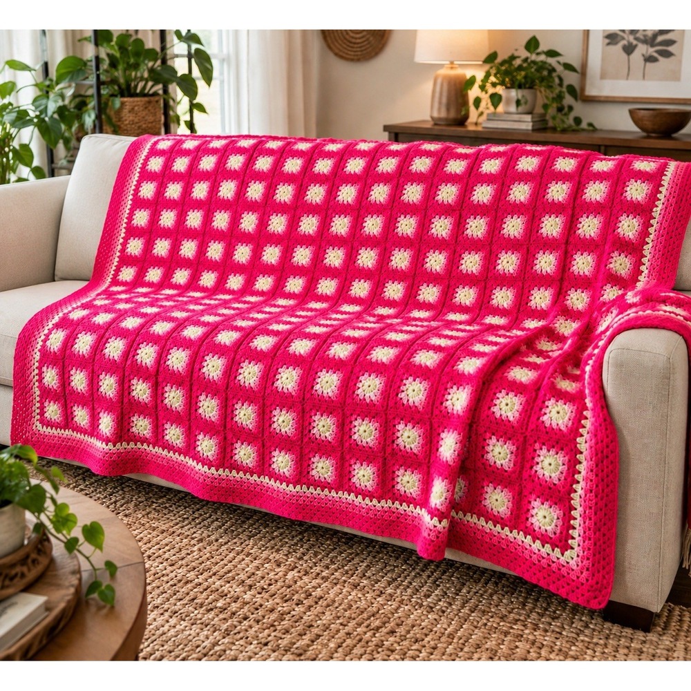 Granny Square Cottage Blanket Throw Hot Pink 57x74 Barbiecore Crochet Afghan